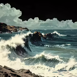 an artistic painting shows the ocean as it moves around