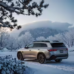 a grey suv parked on the side of a snow covered road