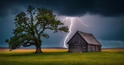 a barn with a lightning bolt is on the side of a field