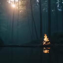 a lake surrounded by trees with fire pit