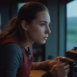 woman looking through a camera with her hands on a table