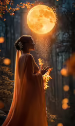 the woman is standing in front of a full moon