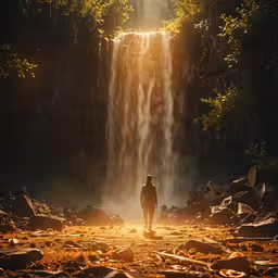 there is a person standing in front of the waterfall