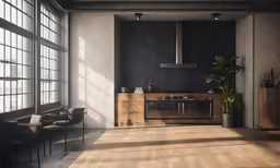 a dark kitchen with wood cabinets and a modern stove