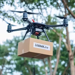 a flying delivery cart with a box and a camera in it