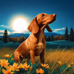 a painting of a dog sitting in the grass looking up at the moon