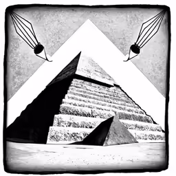 an artistic black and white image with pyramids in the background