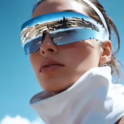 a woman with sun glasses reflecting the air