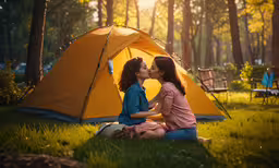 two kids sitting outside a tent kissing,a woman and a little girl sitting in front of a tent