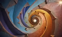 a spiral stair has stars and blue sky in background