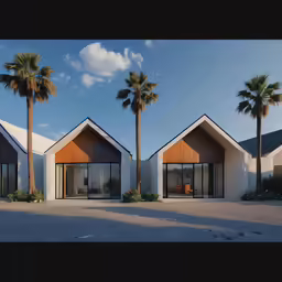 a house has two doors, and three windows, with large doors