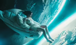 a woman floating in the water in a boat made of a body of water