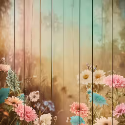 pastel flowers sit together beside each other on a wall,colorful flowers near an old wall and a wood fence