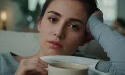 the woman is holding her cup in front of her face
