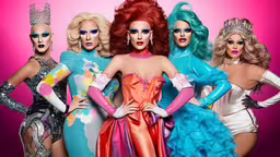 several women in drag queen costumes, one is red,all the dolls from the show are in full dress
