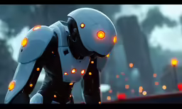 a robotic character with yellow eyes standing in a wooded area