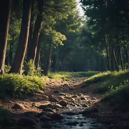small stream flowing down into forest with many trees