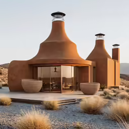 two large clay buildings on the side of a hill
