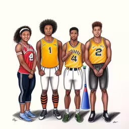 a group of men wearing different colored uniforms,three men standing in front of each other wearing basketball uniforms