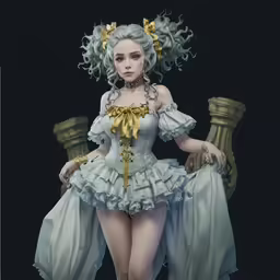 a painting of a woman with white hair and pale dress
