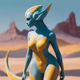 this illustration shows an alien woman standing in the desert