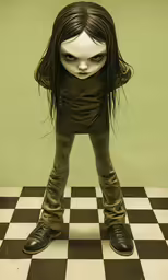an old fashion doll is posed in front of a green background