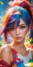 a woman with colored hair and a flower dress