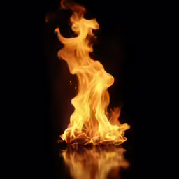 a fire and some black background with a reflection