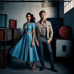 a couple is standing next to each other wearing matching dresses