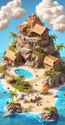 a island with some houses and palm trees in the ocean