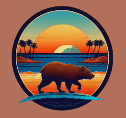 a painting of a brown bear in a blue frame,a brown bear on the water with palm trees and mountains in the background