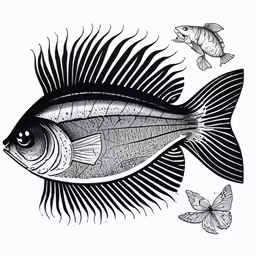 a drawing of fish on white background with a butterfly
