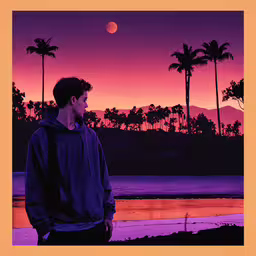 a man is standing on a beach looking at the ocean,the man is standing in front of the water with the sunset in the background