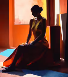 a young lady sits in an orange room,a woman sitting on the floor in front of a window