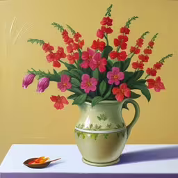 /tmp/FOOzix0EP.jpg = a painting of a flower vase on a table with some water on it
,/tmp/FOOzix0EP.jpg = a painting of red flowers in a green vase
,/tmp/FOOzix0EP.jpg = the vase with many flowers is painted on the wall
,/tmp/FOOzix0EP.jpg = a painting of some red flowers in a vase
,/tmp/FOOzix0EP.jpg = a vase of flowers sitting on a table
,/tmp/FOOzix0EP.jpg = a painting of flowers sitting on a table
,/tmp/FOOzix0EP.jpg = a painting of pink and red flowers in a white vase
