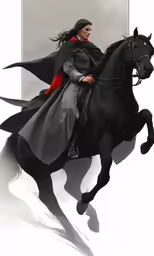 a woman in black coat riding a horse