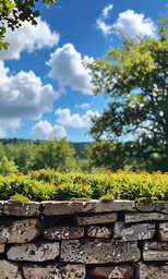 a large stone wall next to green trees and yellow flowers