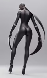 a woman dressed in a black catsuit with an arrow around her neck