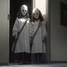 two people standing together with their heads down wearing masks