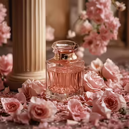a vase filled with pink flowers next to a pillar