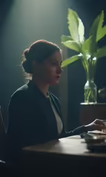 a woman sitting down with a potted plant in front of her