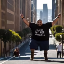 a man with his arms wide apart in the street