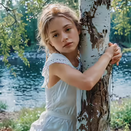 a young girl leaning on a tree next to a stream