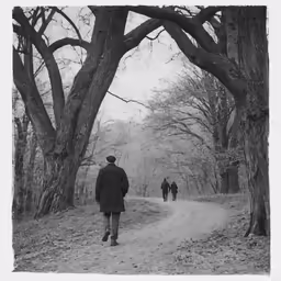 three people walking down a trail with trees