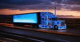 a blue semi truck driving down a highway with mountains in the background,the large truck has blue paint on it