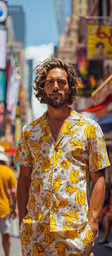 a man in a short shirt on the street,a man with long hair wearing a yellow shirt is walking down the street