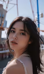 a woman with long dark hair looking into the distance