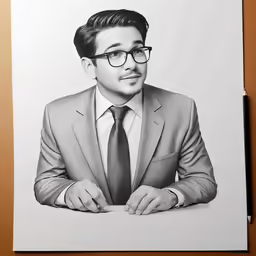 the paper that is drawing a man wearing glasses and a suit