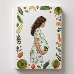 a paper plate depicting a woman carrying a large white plate with fruit and vegetables