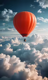 an orange hot air balloon in the sky over some clouds